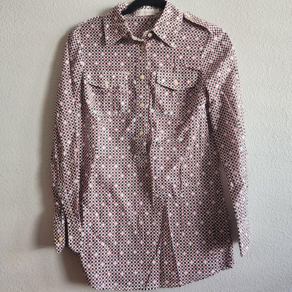 Tory Burch Shirt Womens 2 Red Black White Check Pattern Button Down Long Sleeve